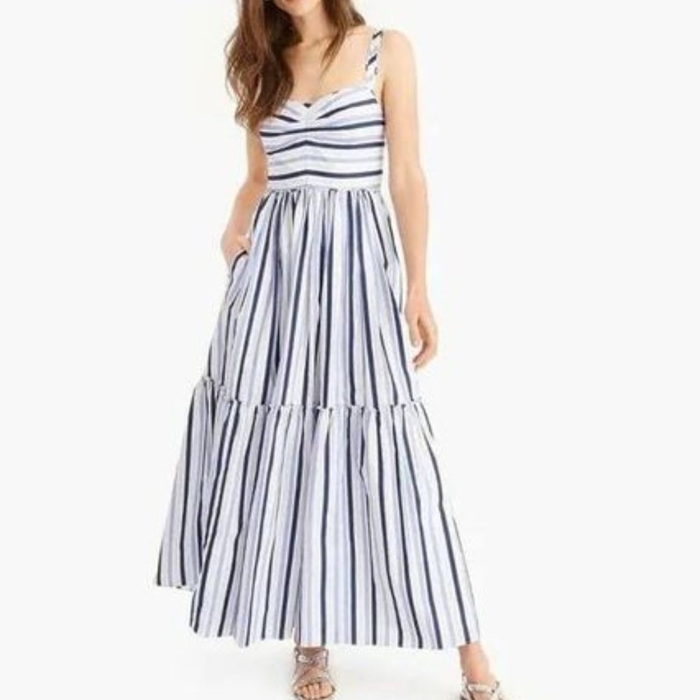 J.CREW Shirting Stripe Tiered Maxi Dress In Multi Blue